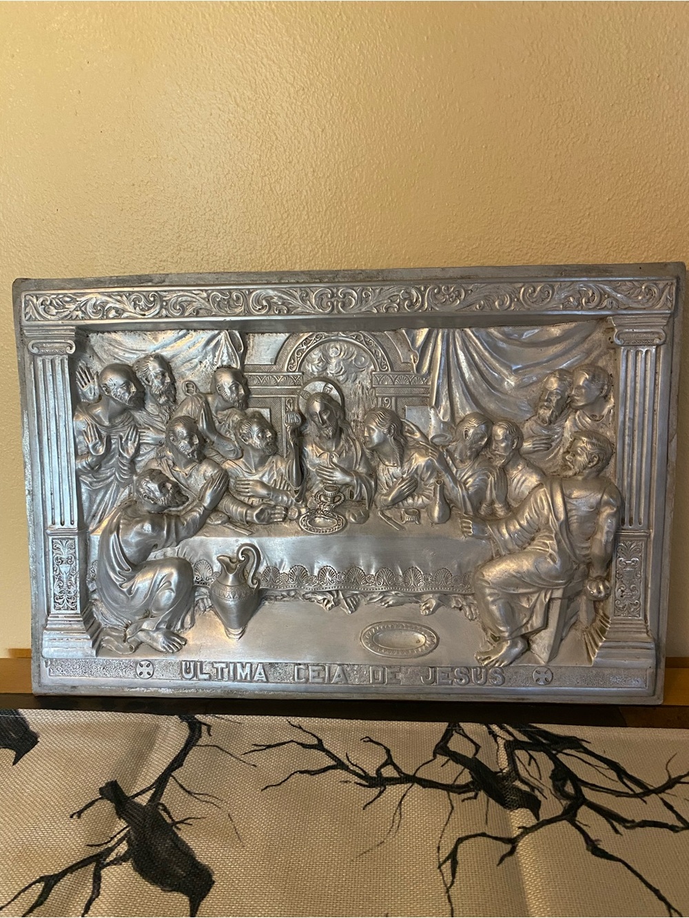 Vintage Silver-Tone Metal Wall Plaque 'Ultima Ceia De Jesus - The Last Supper